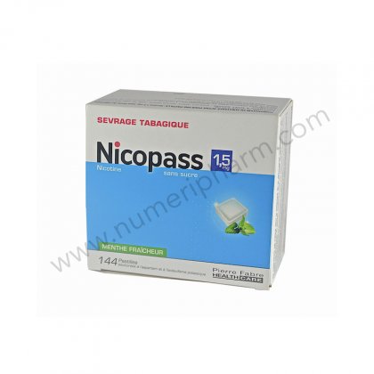 NICOPASS 1,5 mg SANS SUCRE 96 cps MENTHE FRAICHEUR, pastille dulcore  l'aspartam et  l'acsulfame potassique